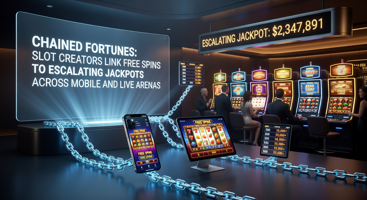 Vibrant slot reels cascading with chained free spins and glowing escalating jackpot meters on a mobile screen