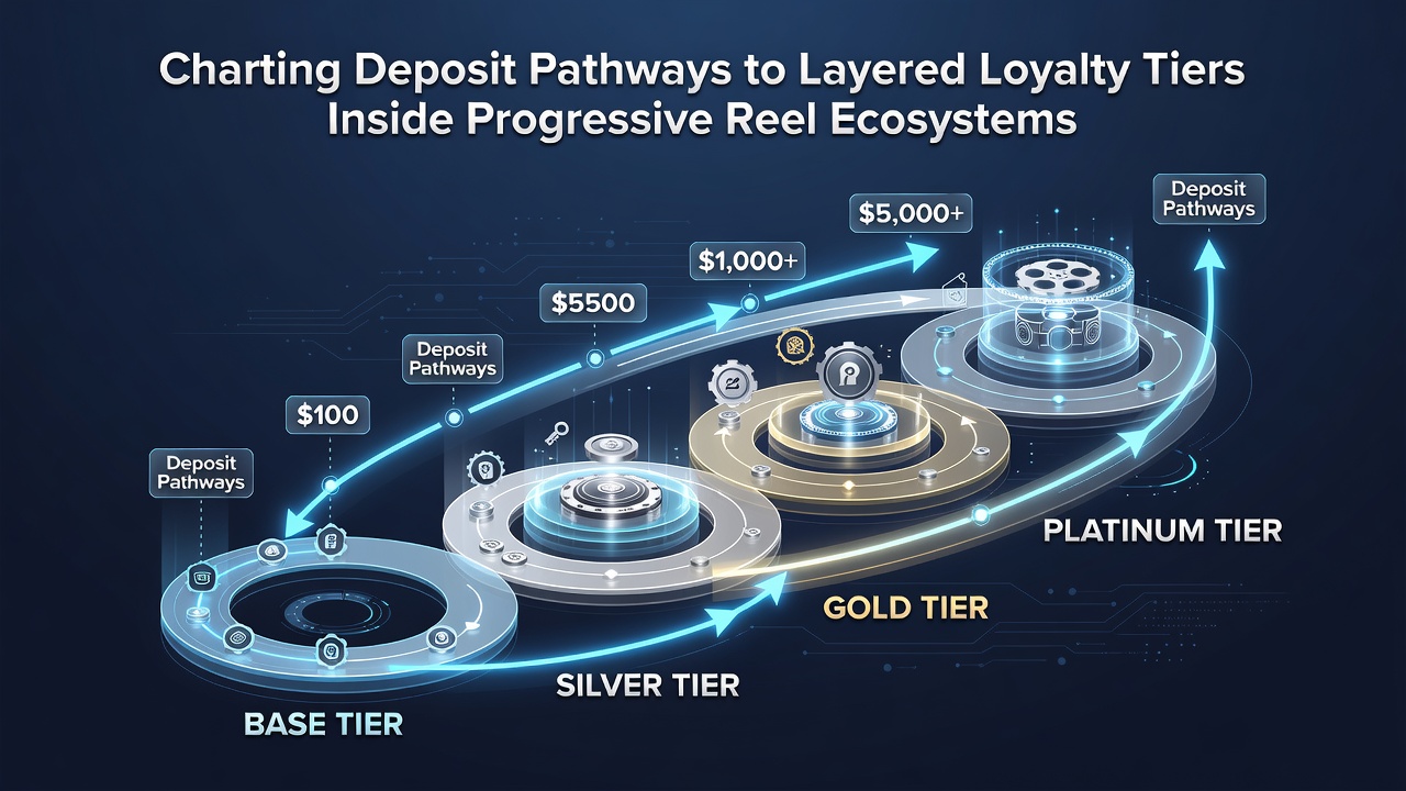 Flowchart showing loyalty tier progression linked to deposit amounts and progressive reel features