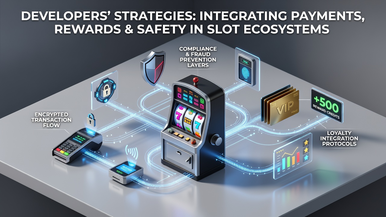 Slot machine interface showing secure payment icons alongside reward badges and safety protocol indicators on a digital screen