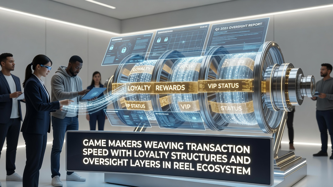 Slot reel interfaces displaying integrated loyalty rewards and real-time oversight indicators