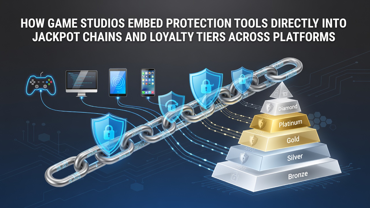 Game studio interface showing jackpot chain integration with player protection toggles across desktop and mobile platforms