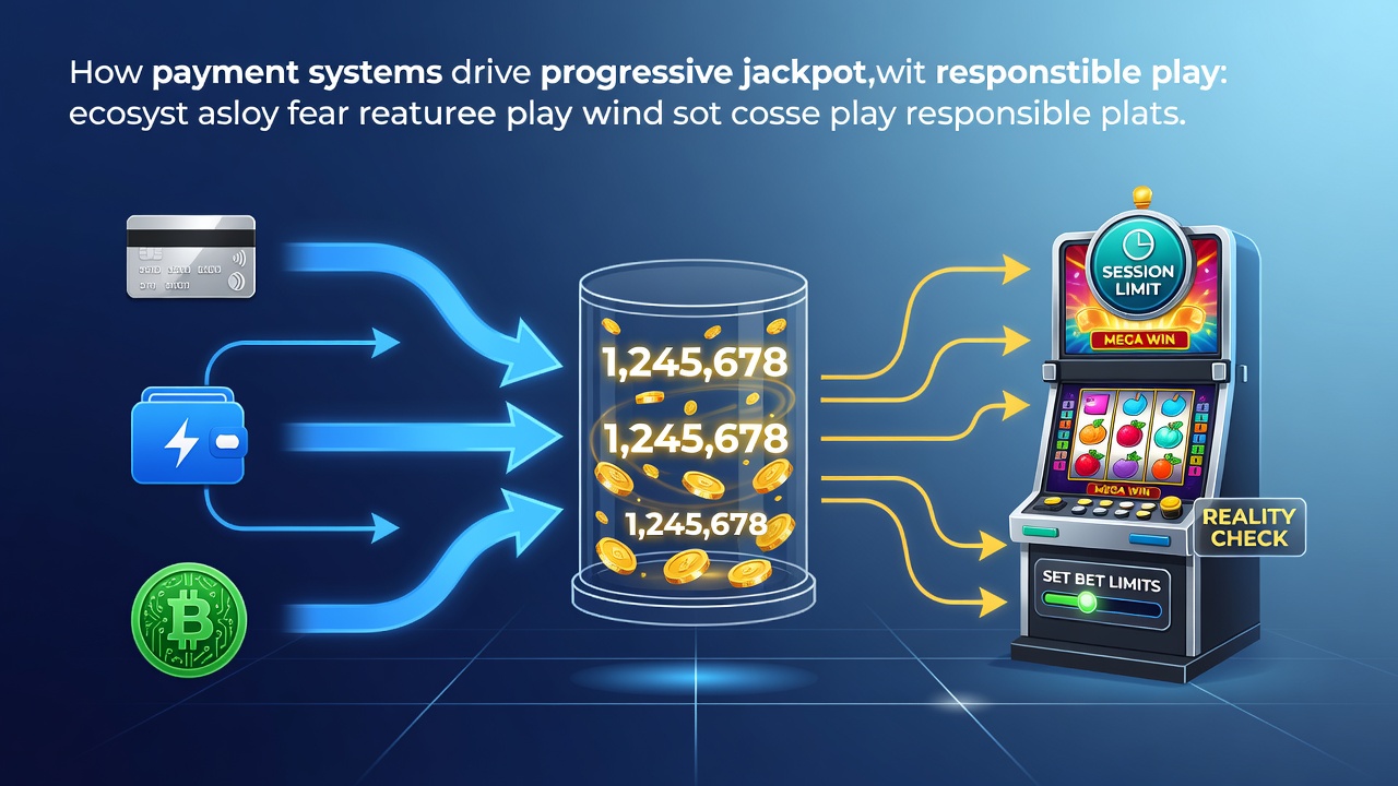 Mobile slot interface showing progressive jackpot meter connected to payment processing icons