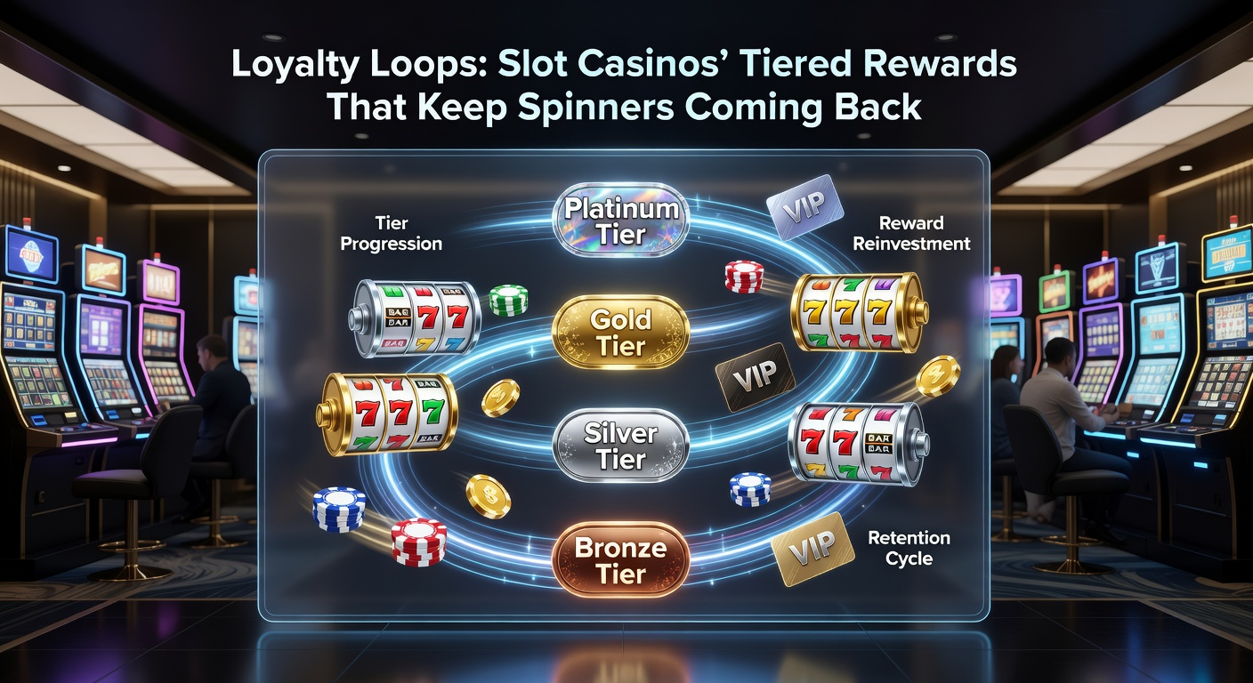 Visual representation of tiered loyalty loops in slot casinos, featuring escalating reward levels and spinning reels drawing players back repeatedly