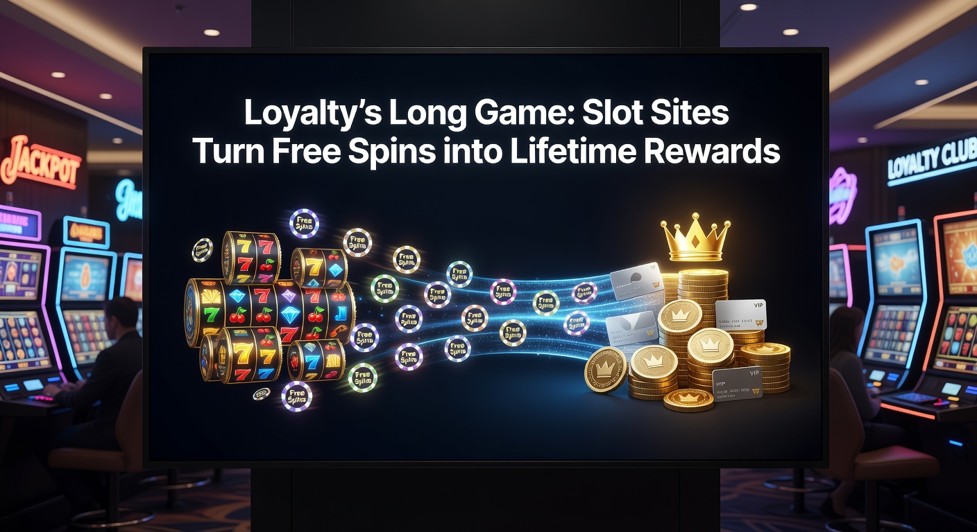 Vibrant slot machine display showing cascading free spins morphing into loyalty tier icons, with golden rewards stacking up in the background