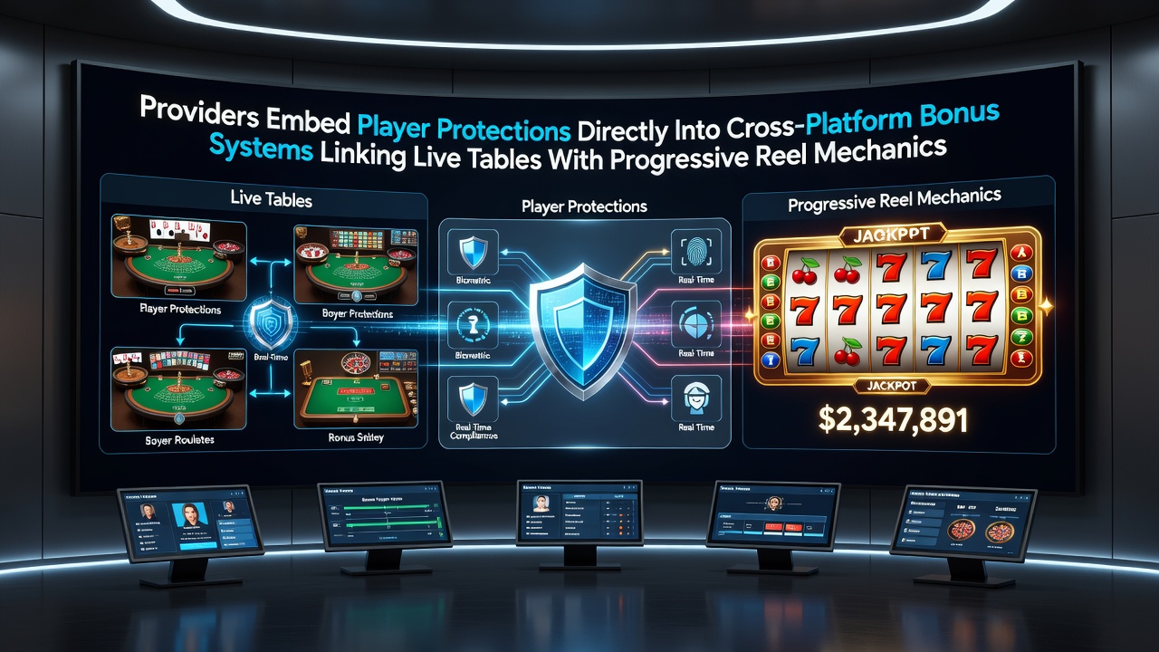 Illustration of cross-platform gaming systems connecting live casino tables and progressive slot reels through unified bonus frameworks