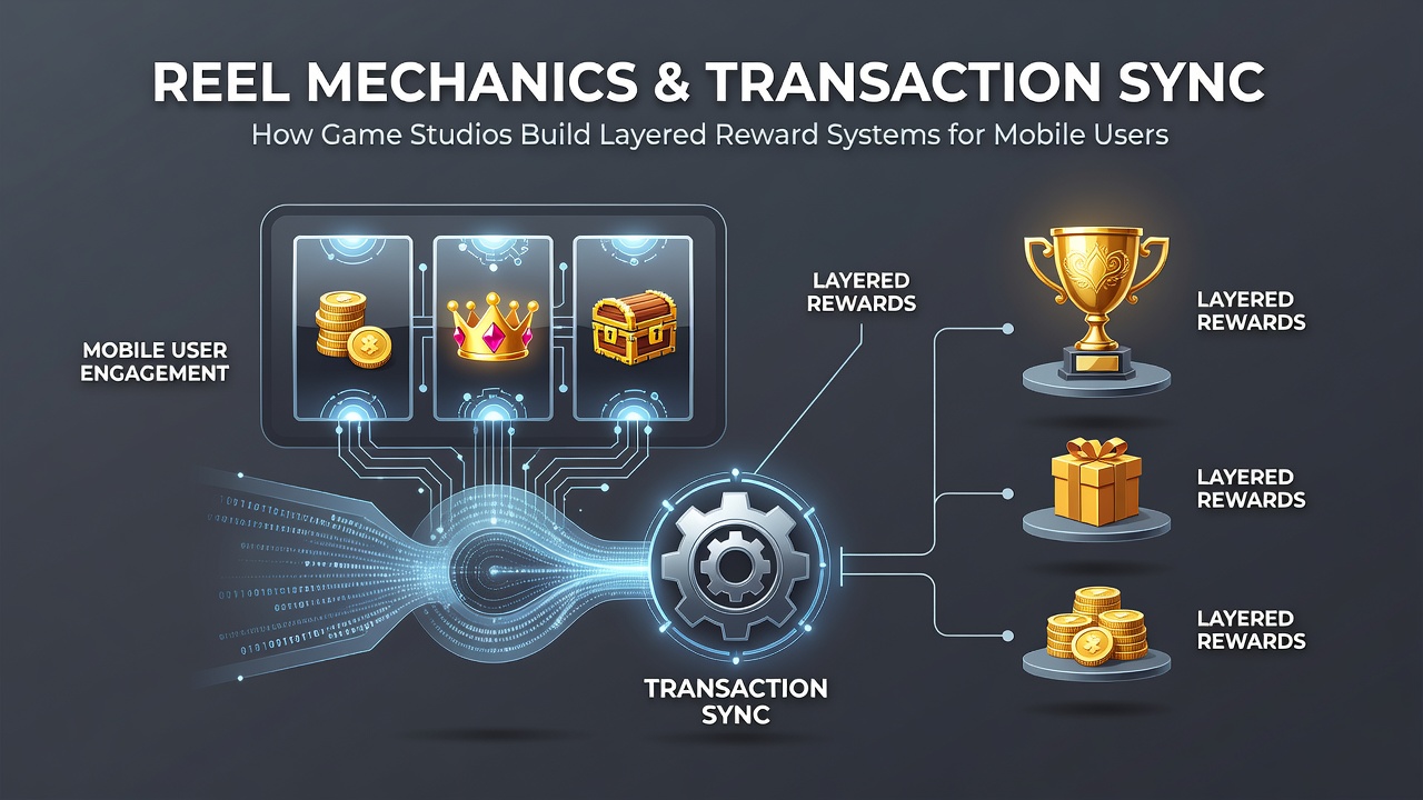Mobile slot interface showing layered reward tiers and transaction sync indicators on a smartphone screen