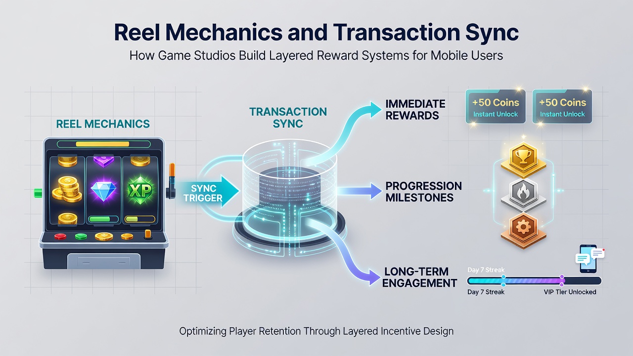 Backend diagram illustrating reel mechanics connected to transaction sync modules in a mobile gaming architecture