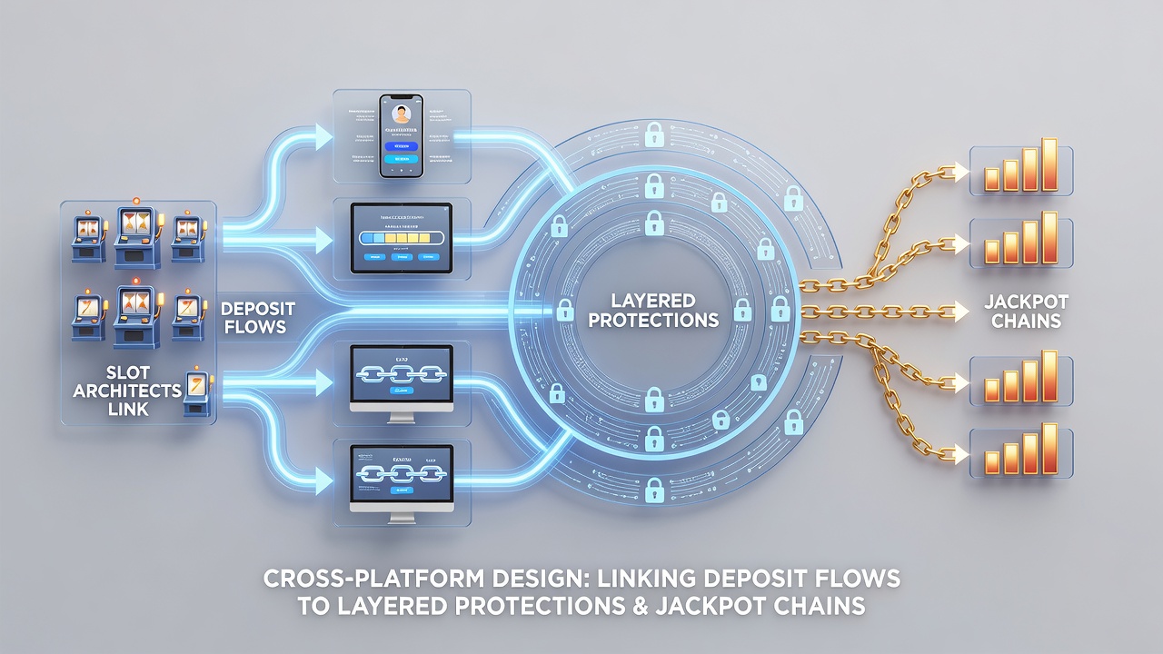 Network diagram illustrating deposit pathways connecting to security layers and jackpot chains across mobile, desktop, and venue platforms