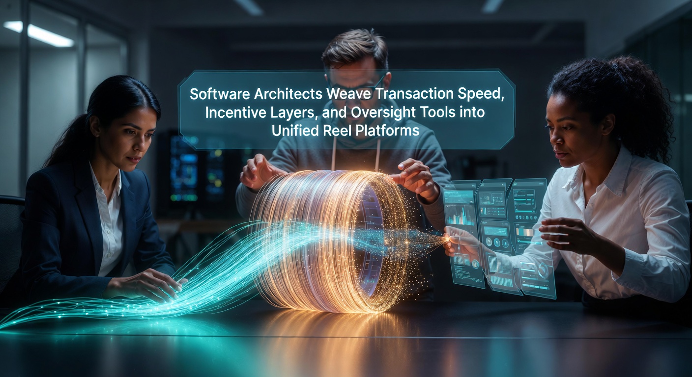 Software architecture diagram showing integrated transaction processing, incentive systems, and oversight modules in reel platform infrastructure