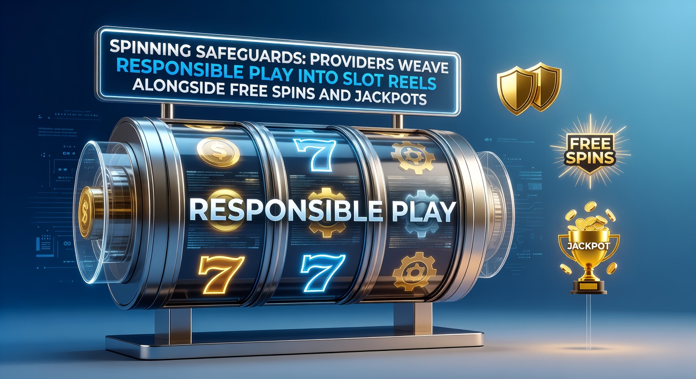 Vibrant slot reels displaying free spin symbols, jackpot meters, and integrated responsible gaming icons like time limits adn check buttons