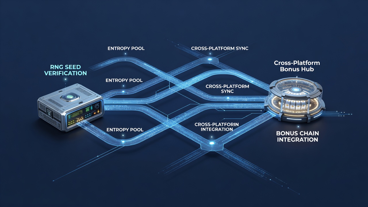 Diagram showing RNG calibration flow connected to cross-platform bonus chains in digital slot systems