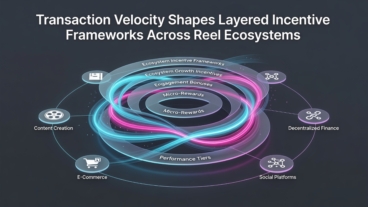 Abstract visualization of transaction flows connecting layered incentive structures across slot reel ecosystems